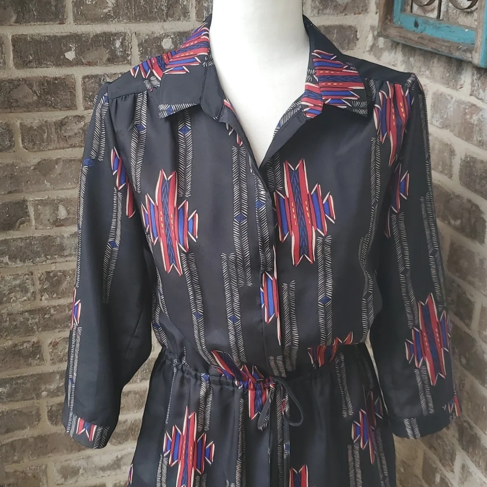Aqua Tribal Print Waist Tie Long Sleeve Dress - Picture 2 of 5